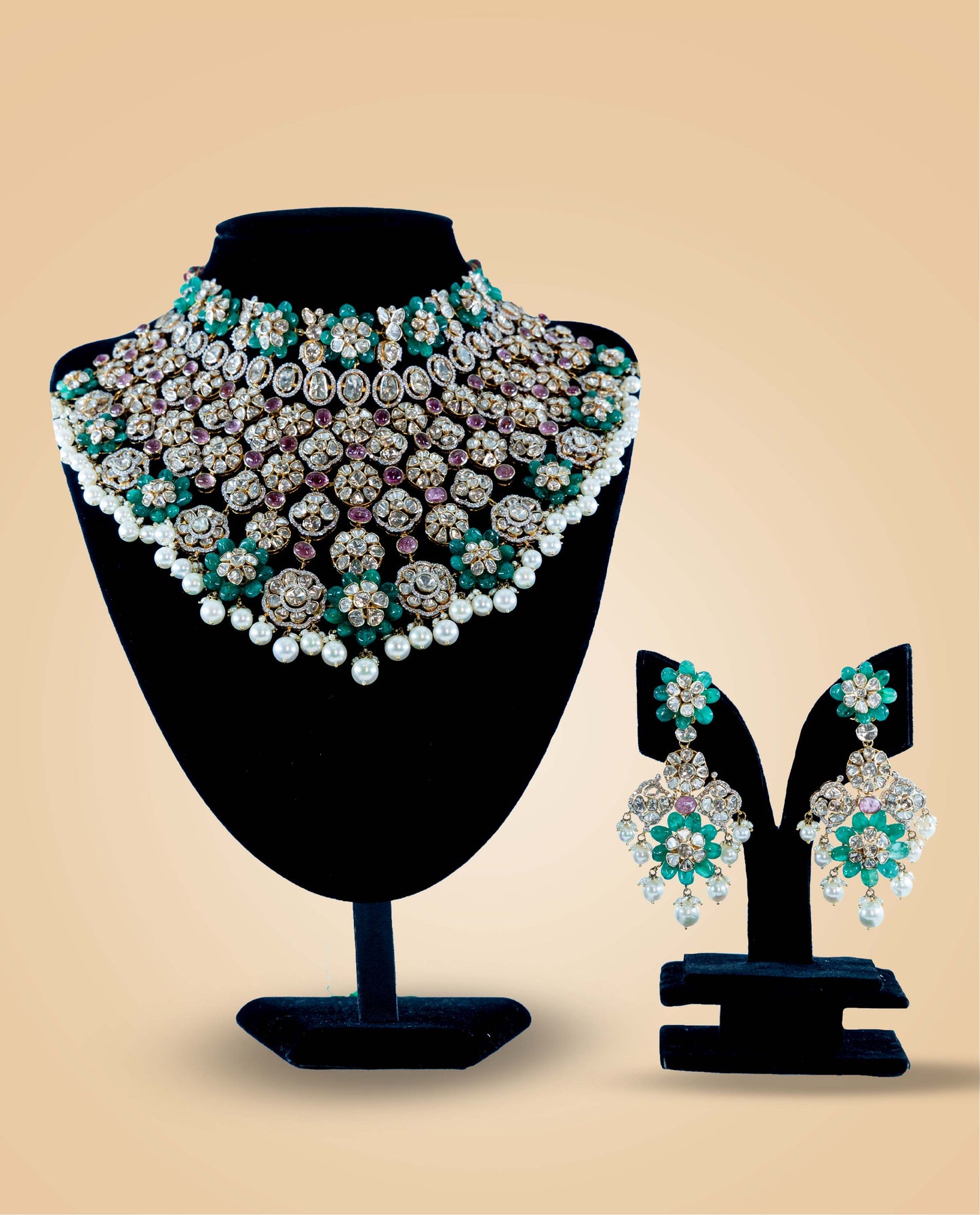 Breathtaking Layered Bridal Chocker in Emerald, tourmaline Pota, and Polki