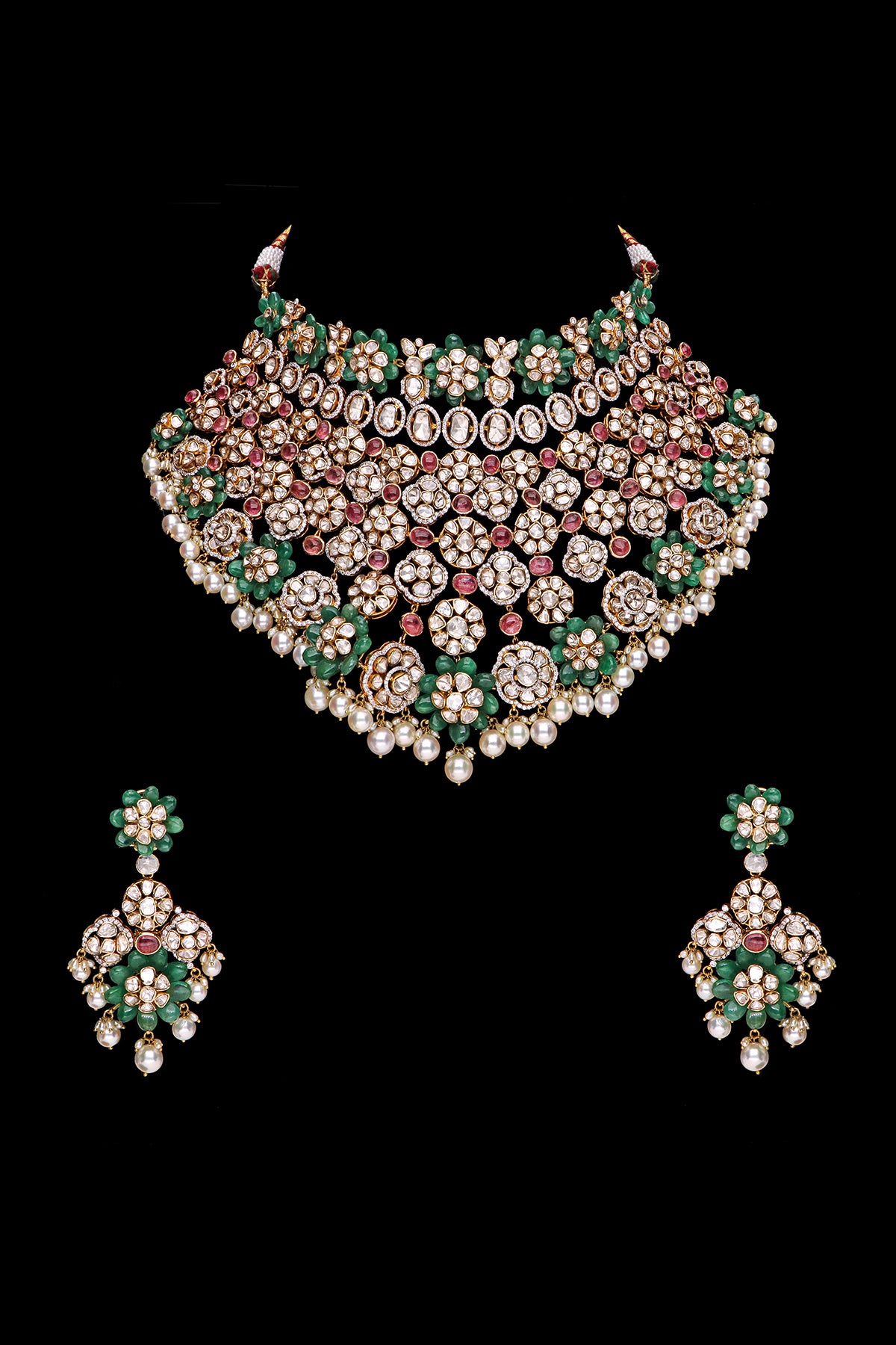 Breathtaking Layered Bridal Chocker in Emerald, tourmaline Pota, and Polki