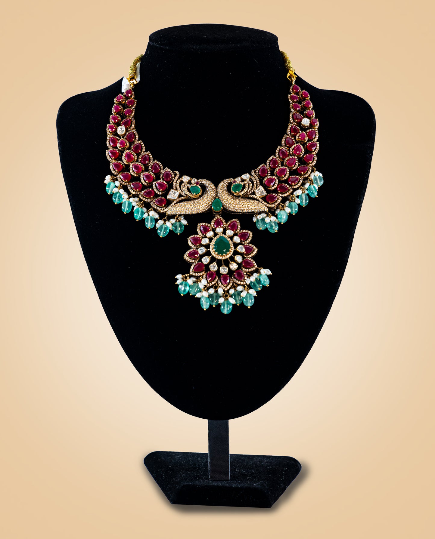Contemporary Gold Mozanite Necklace with Emerald Beads