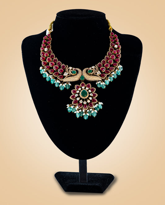 Contemporary Gold Mozanite Necklace with Emerald Beads