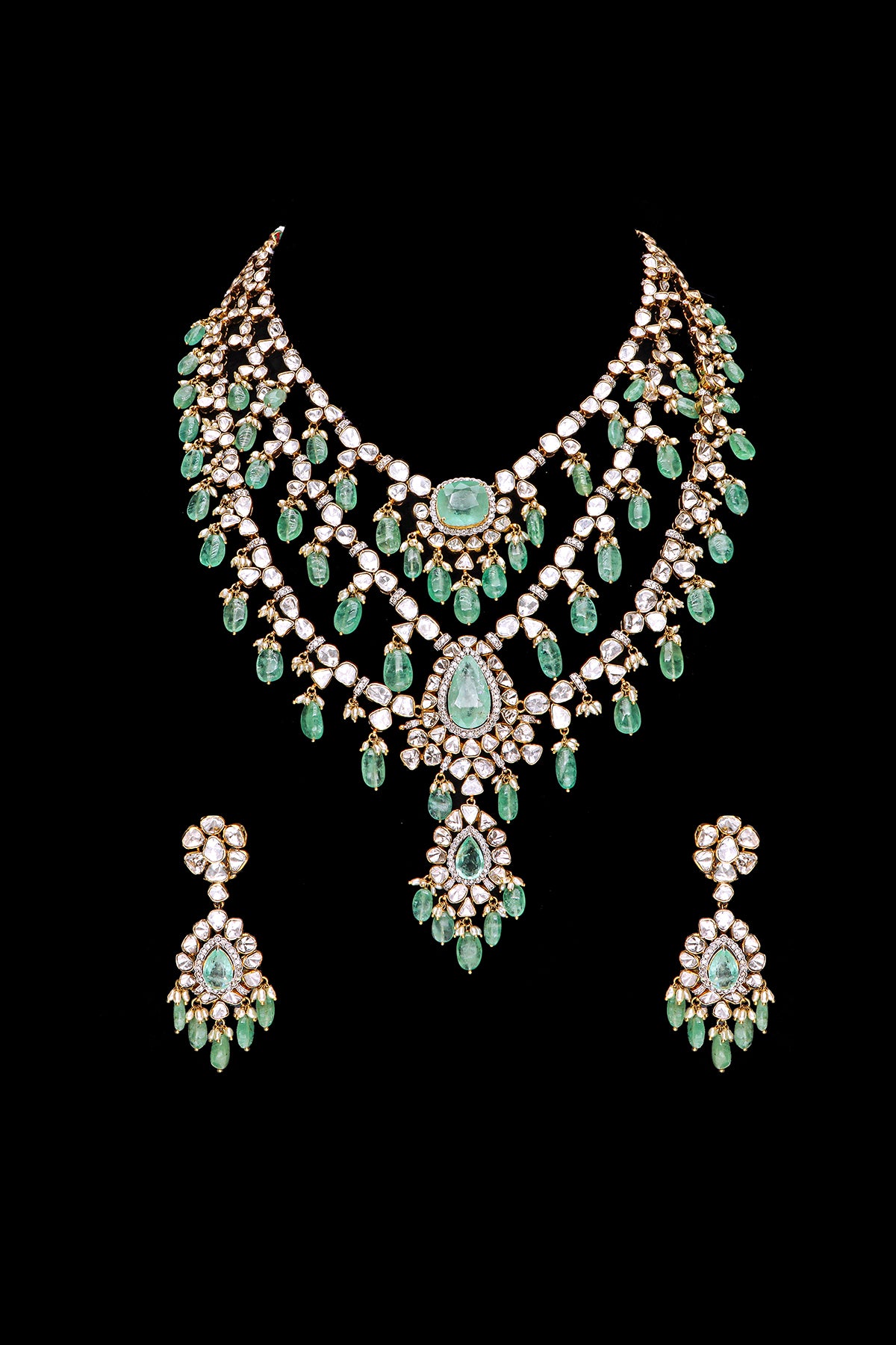 3-layer emerald Polki set with Rice Pearls and Emeralds - Ankit Including Earrings??